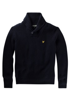 Navy Shawl Collar Sweater, $165; Lyle and Scott